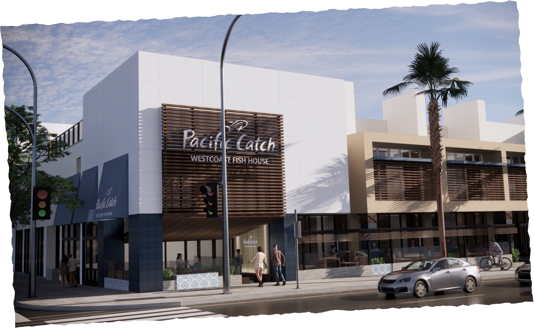 A modern two-story building houses a restaurant named