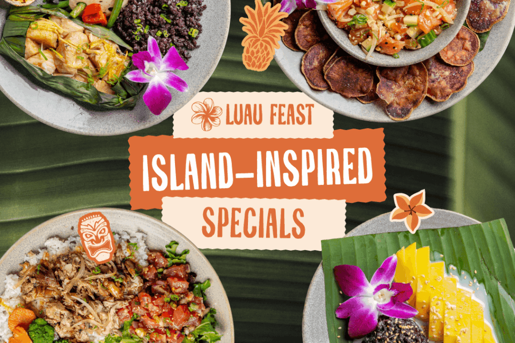 Four plates of colorful Hawaiian dishes surround a central sign that reads 